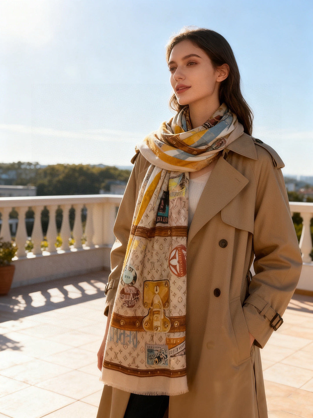 LV Silver Thread Long Scarf 200cm Beige Brown Cashmere 969181