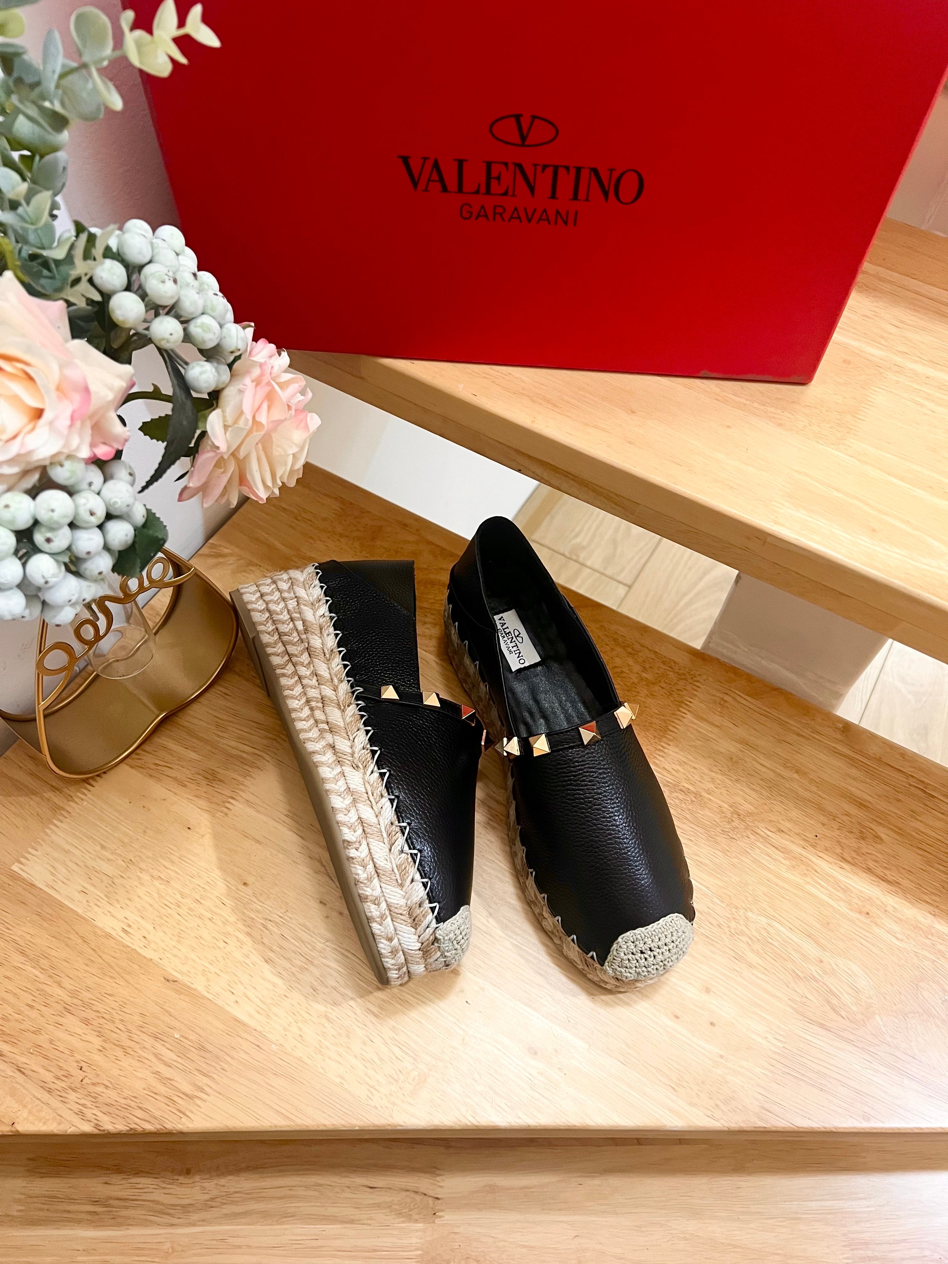 Valentino Rockstud Embellished Slip On Espadrille Black Cowhide 240572