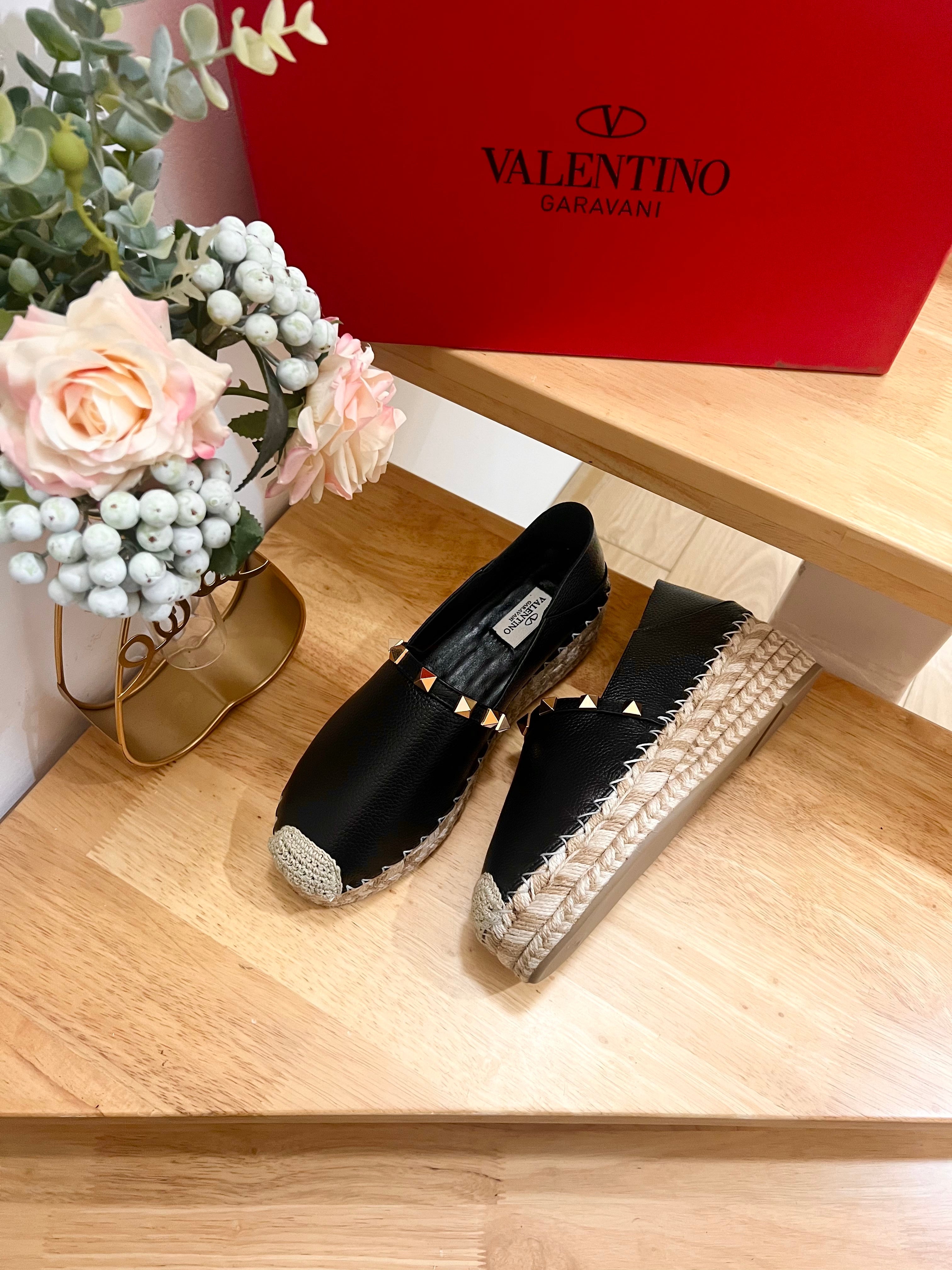 Valentino Rockstud Embellished Slip On Espadrille Black Cowhide 240572