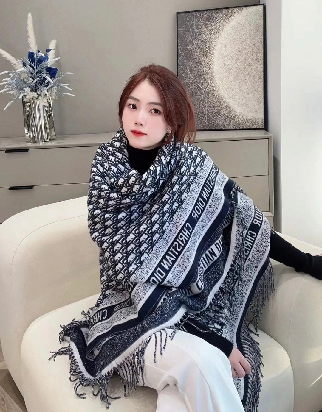 CD Jacquard Logo Scarf 140CM Dark Blue Wool Cashmere. 293334