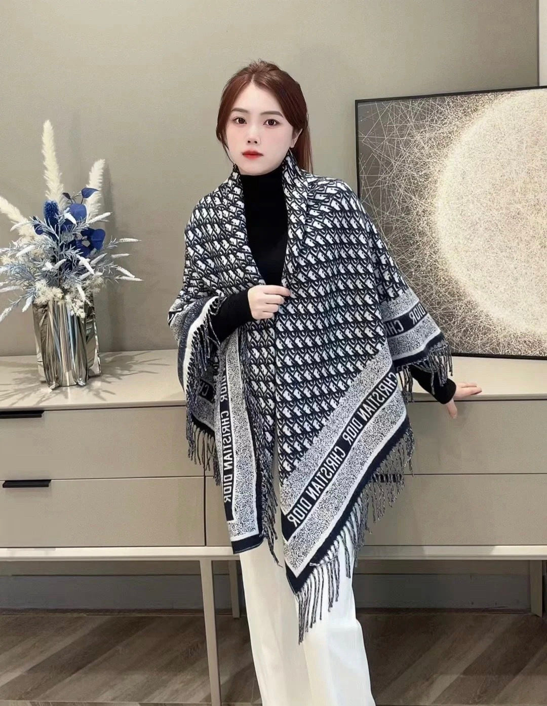 CD Jacquard Logo Scarf 140CM Dark Blue Wool Cashmere. 293334