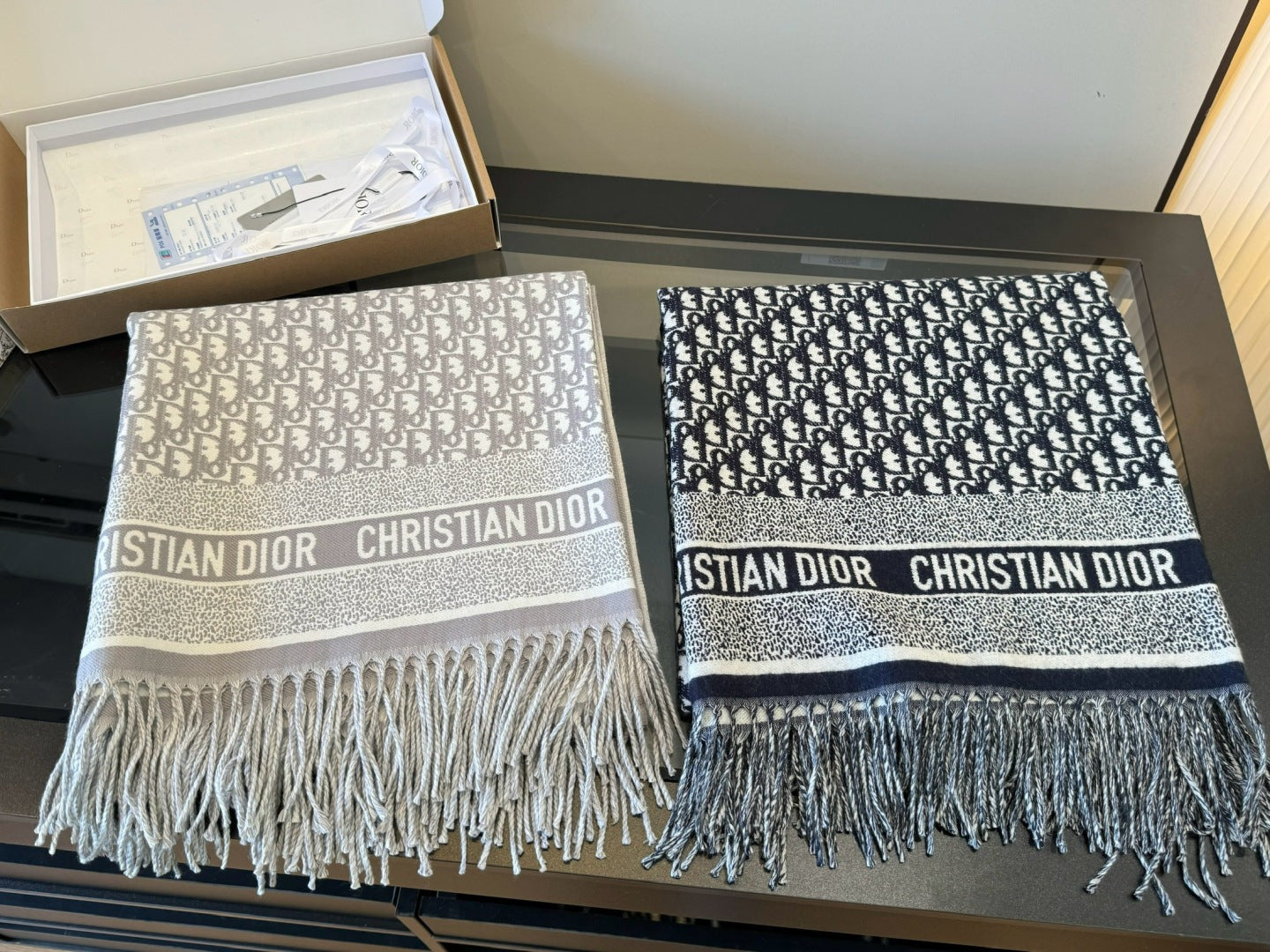 CD Jacquard Logo Scarf 140CM Dark Blue Wool Cashmere. 293334