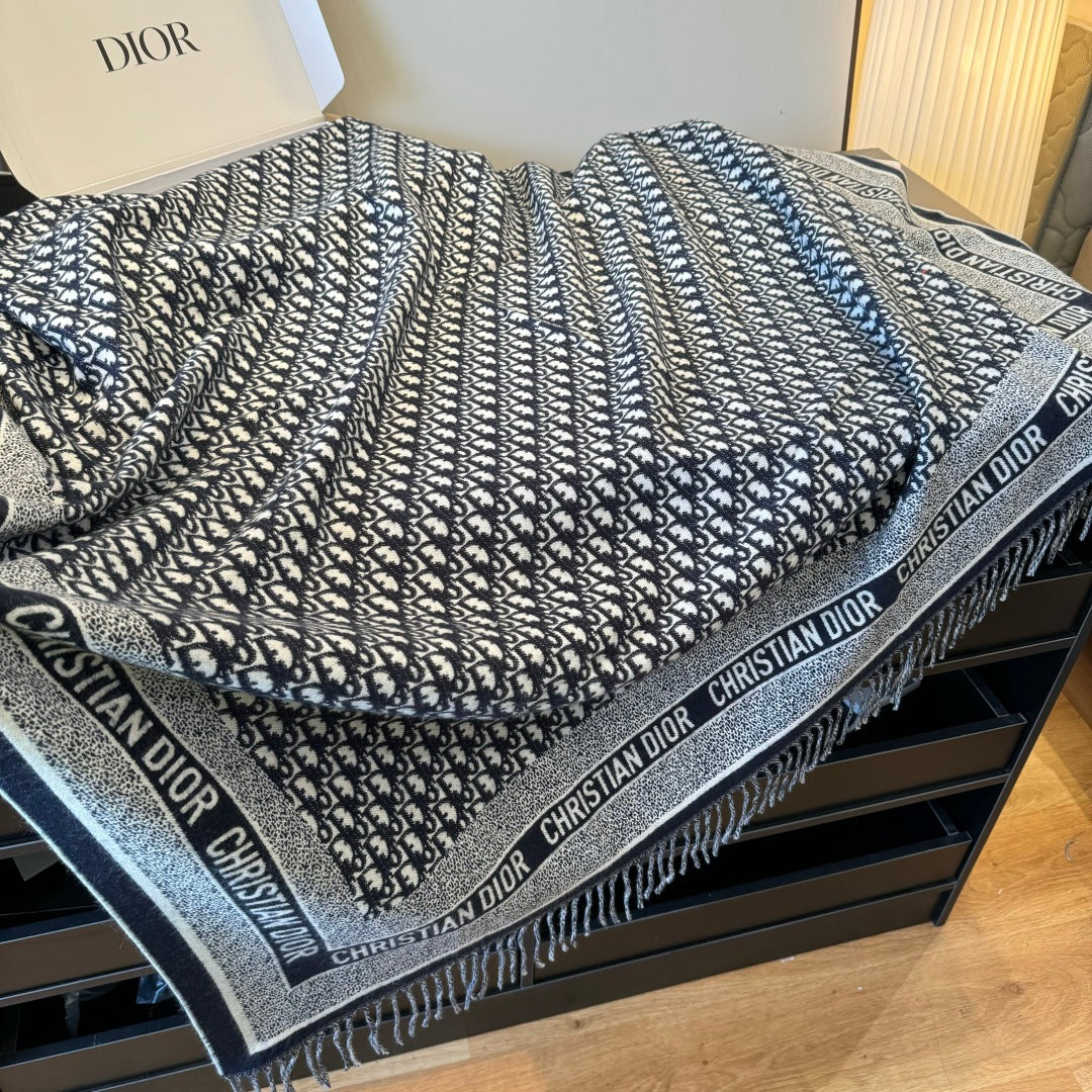 CD Jacquard Logo Scarf 140CM Dark Blue Wool Cashmere. 293334