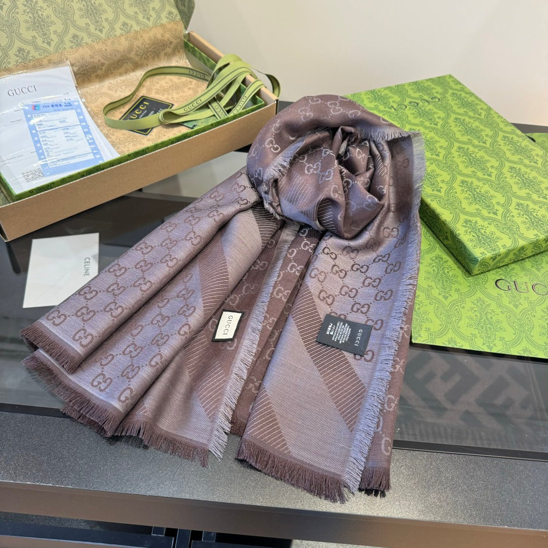 GG Scarf 140CM Taupe Twill Silk 293461