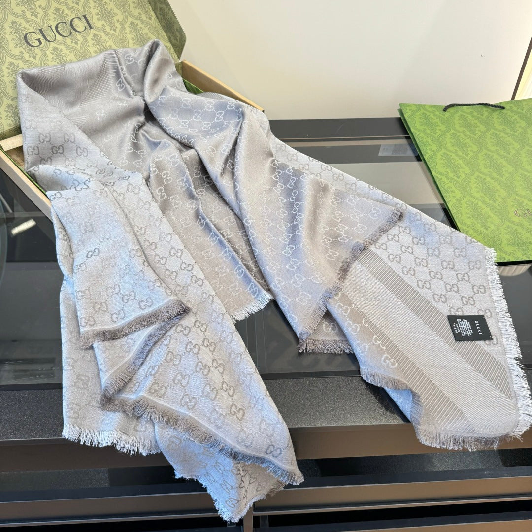 GG Scarf 140CM Gray Twill Silk 293463