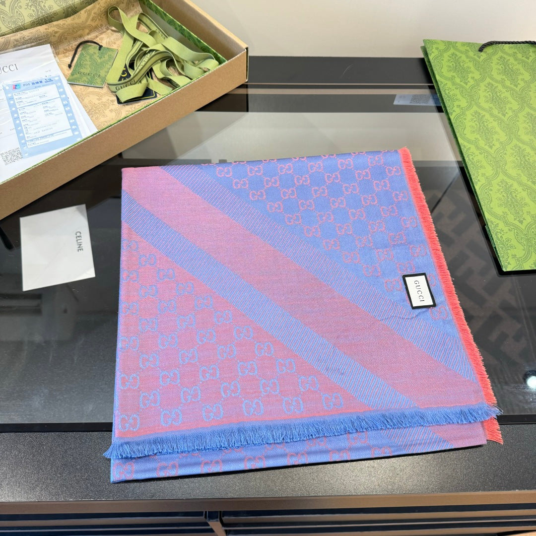 GG Scarf 140CM Blue Pink Twill Silk 293464