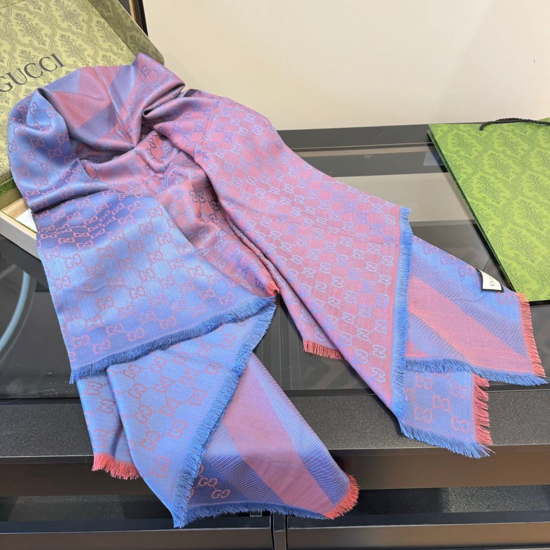GG Scarf 140CM Blue Pink Twill Silk 293464