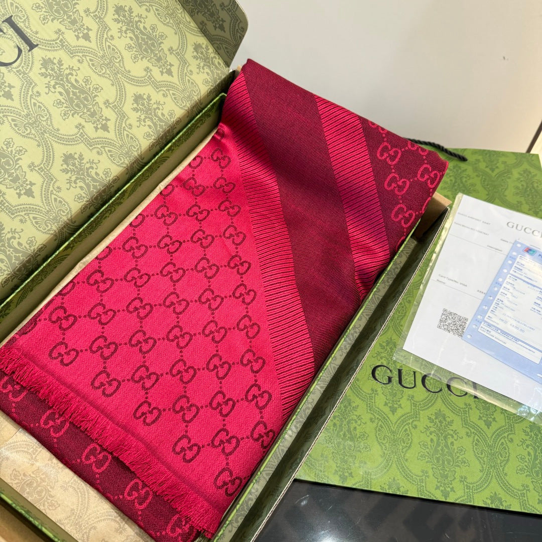 GG Scarf 140CM Red Twill Silk 293466