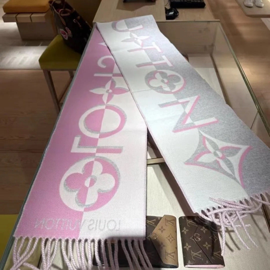 LV 25 Scarf 180cm Pink Gray Wool 293484