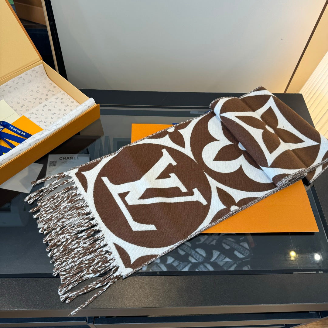 LV 25 Scarf 186cm Brown White Wool 293487