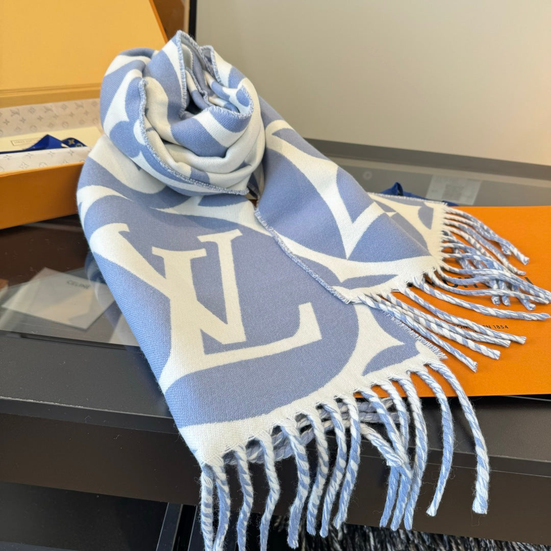 LV 25 Scarf 186cm Light Blue White Wool 293488