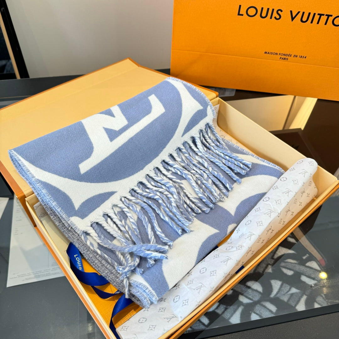 LV 25 Scarf 186cm Light Blue White Wool 293488