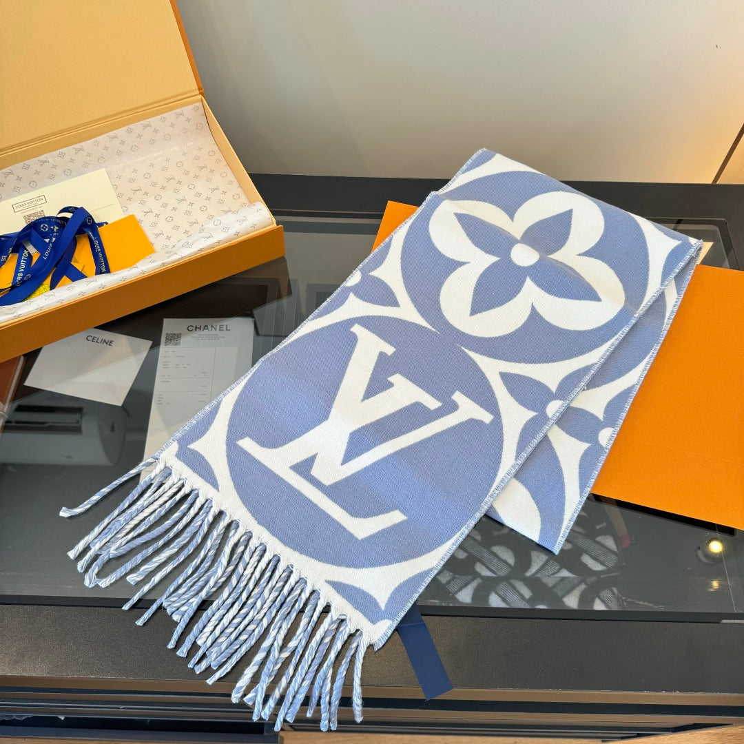 LV 25 Scarf 186cm Light Blue White Wool 293488