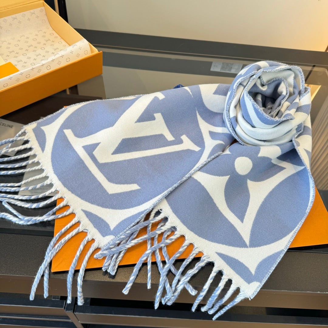 LV 25 Scarf 186cm Light Blue White Wool 293488