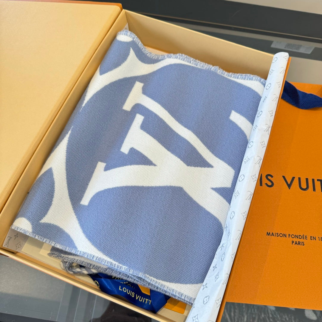 LV 25 Scarf 186cm Light Blue White Wool 293488