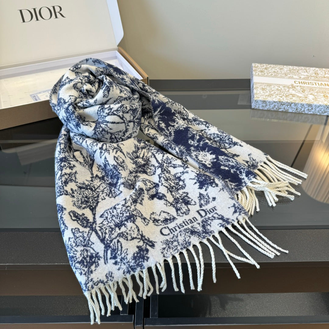 CD Embroidery Scarf 200CM Blue Wool Cashmere 293450