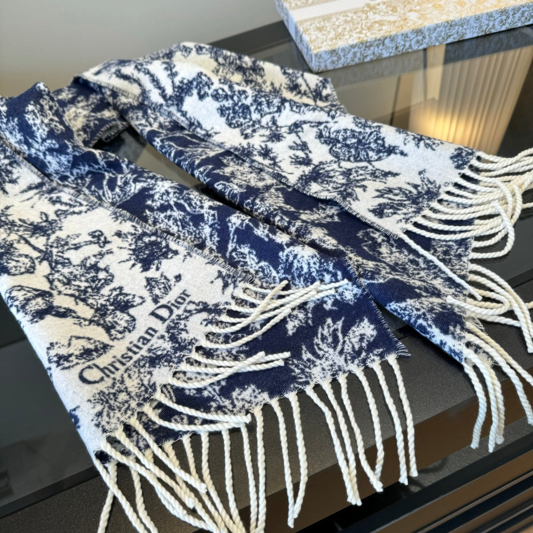 CD Embroidery Scarf 200CM Blue Wool Cashmere 293450