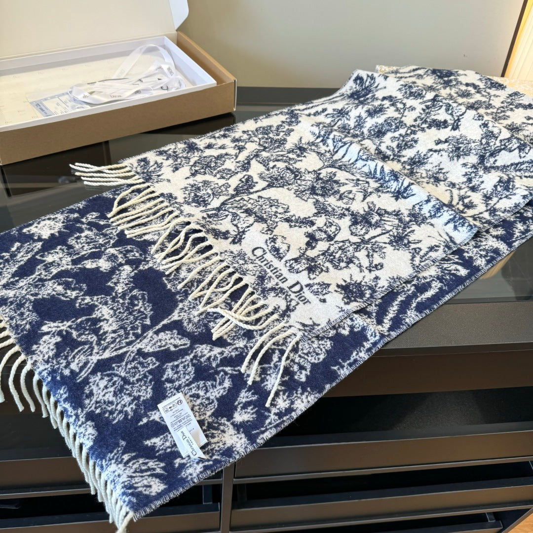 CD Embroidery Scarf 200CM Blue Wool Cashmere 293450