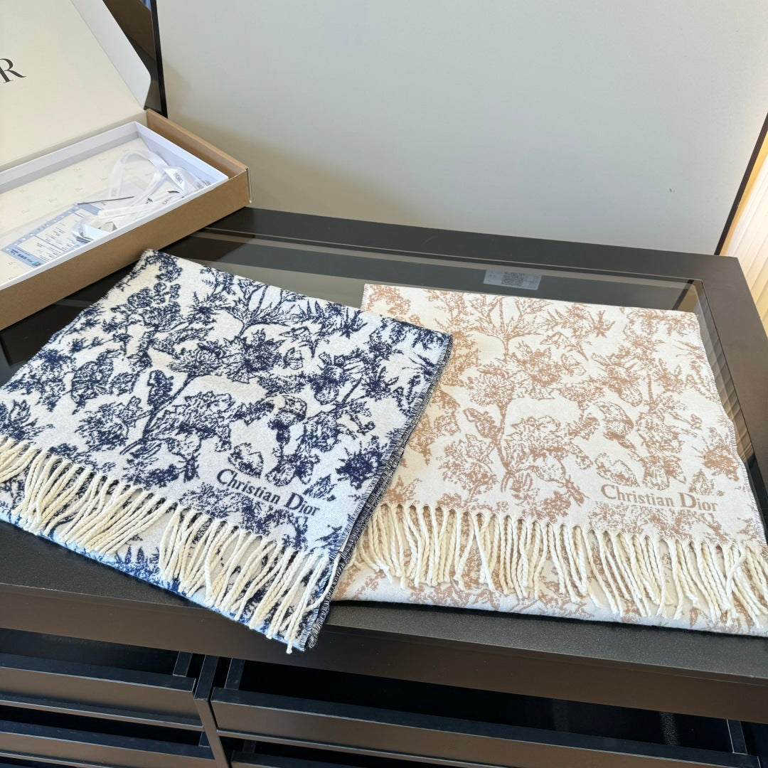 CD Embroidery Scarf 200CM Blue Wool Cashmere 293450