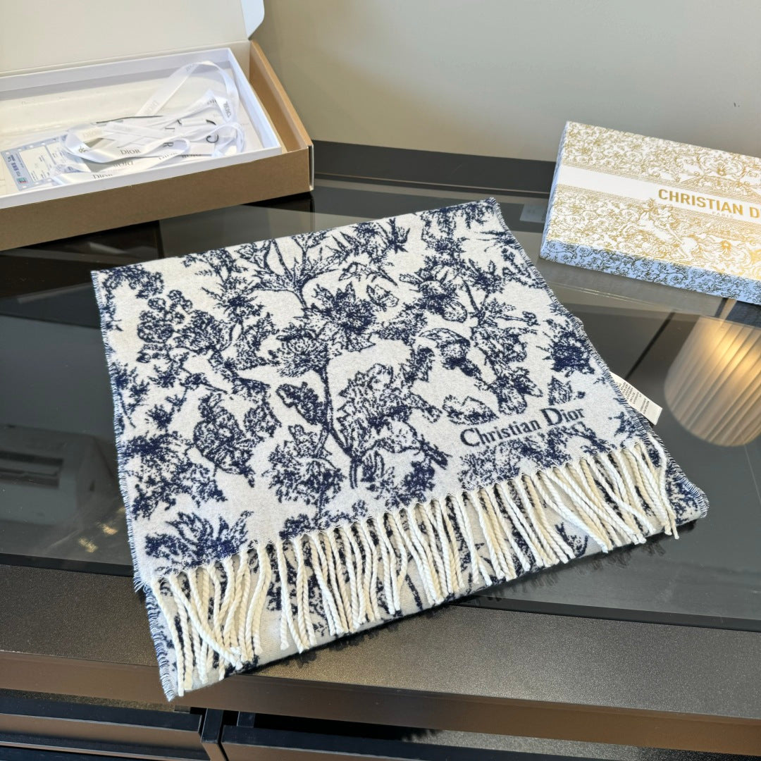 CD Embroidery Scarf 200CM Blue Wool Cashmere 293450