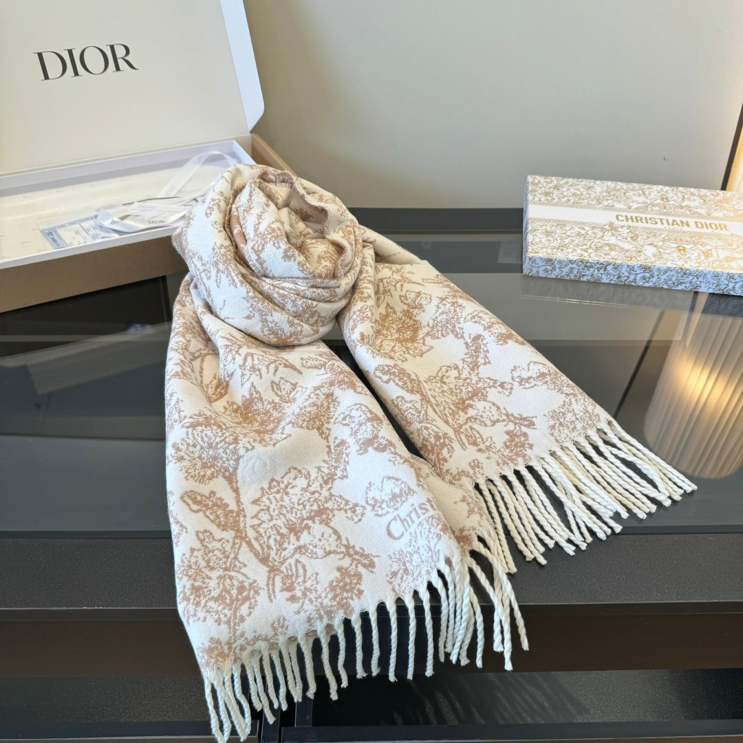 CD Embroidery Scarf 200CM Soft Beige Wool Cashmere 293451