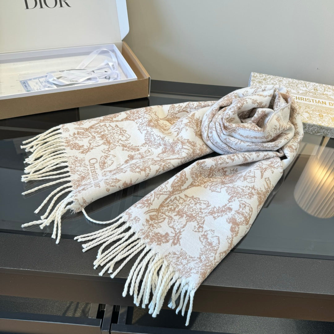 CD Embroidery Scarf 200CM Soft Beige Wool Cashmere 293451