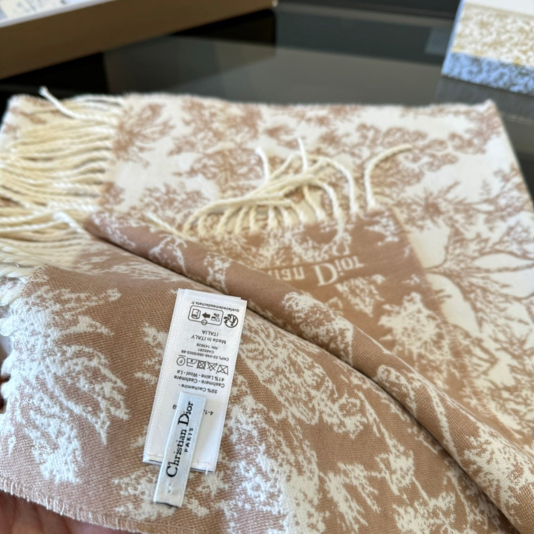 CD Embroidery Scarf 200CM Soft Beige Wool Cashmere 293451