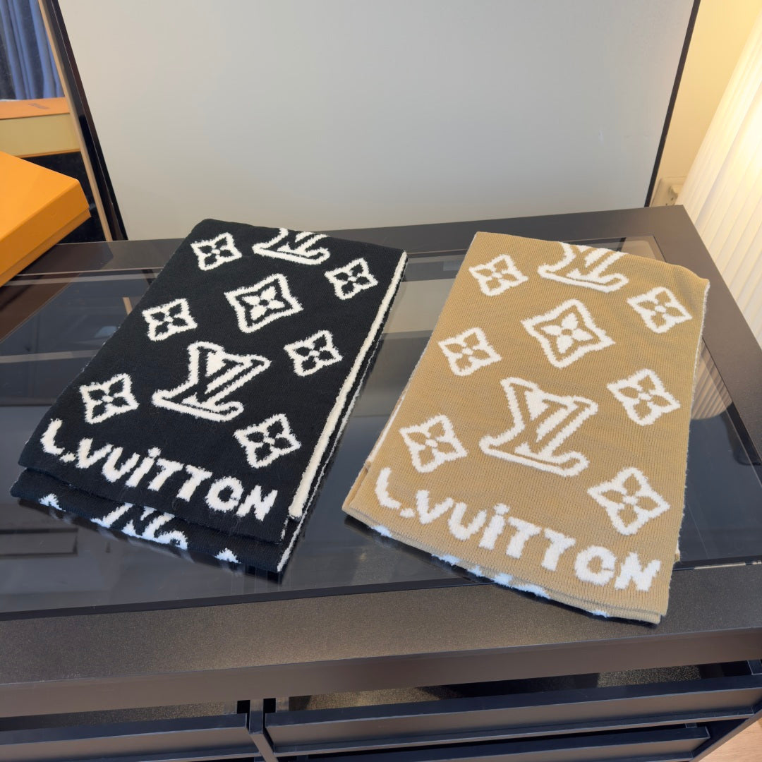 LV 25 Scarf 180cm Light Brown White Wool 293458
