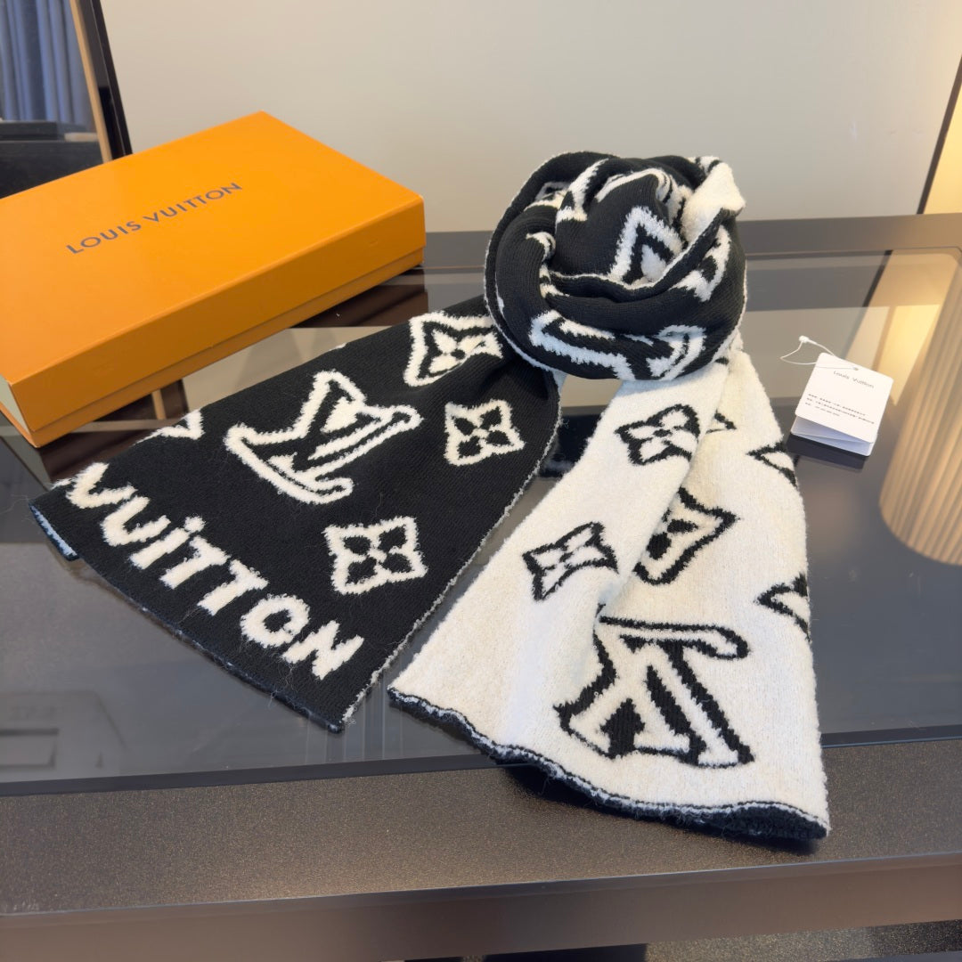 LV 25 Scarf 180cm Black White Wool 293457
