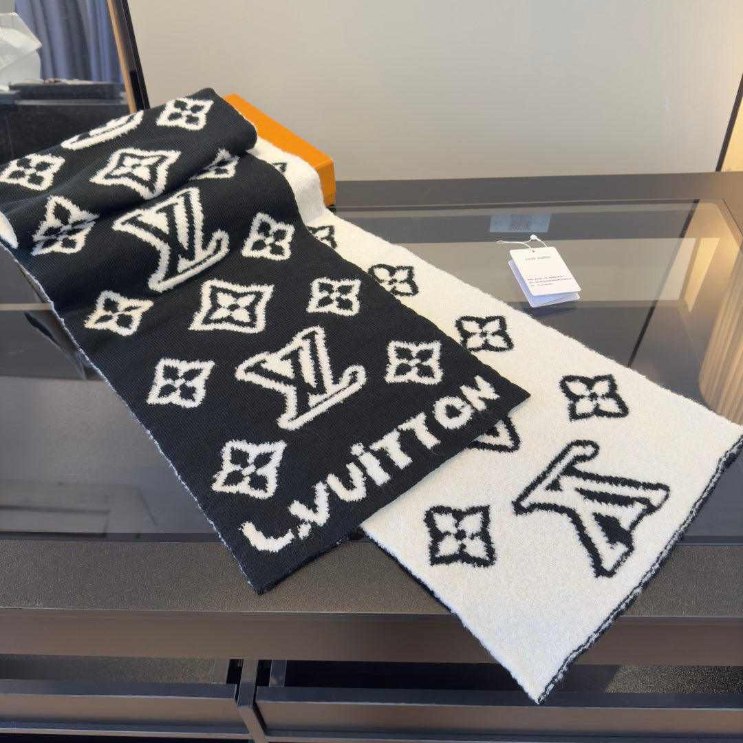 LV 25 Scarf 180cm Black White Wool 293457