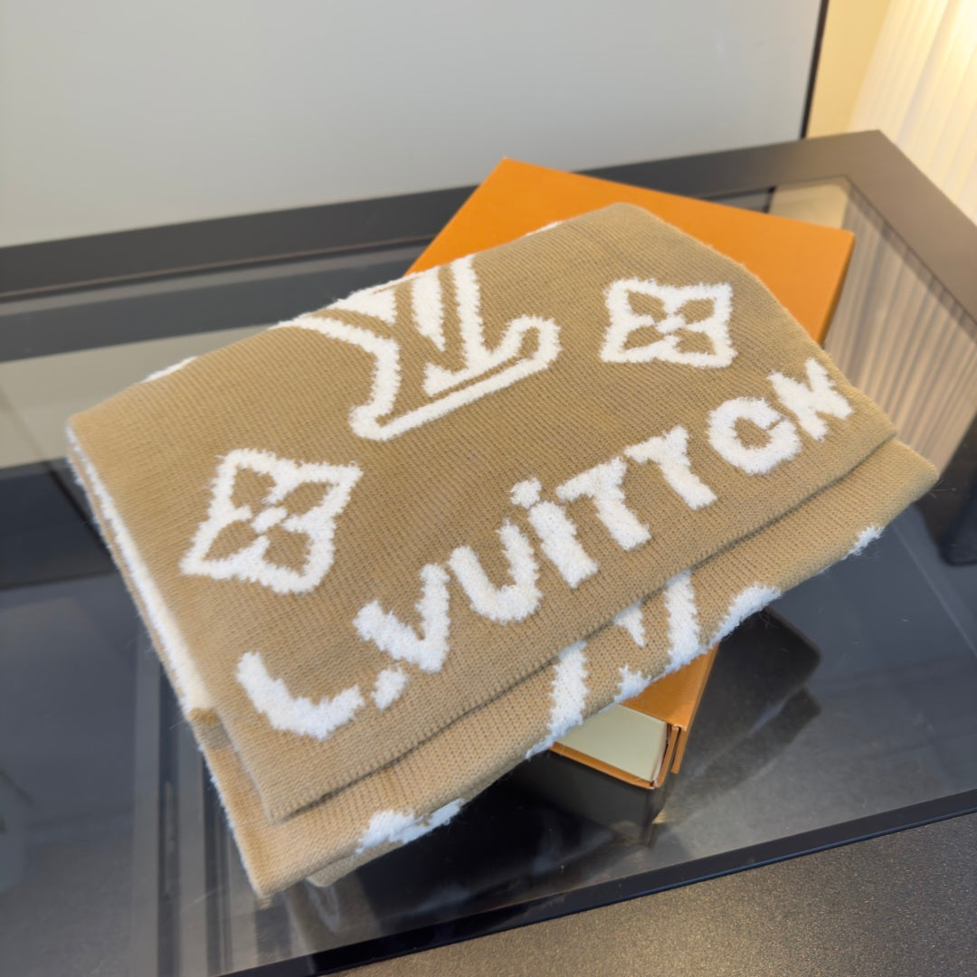 LV 25 Scarf 186cm Beige White Wool 293489