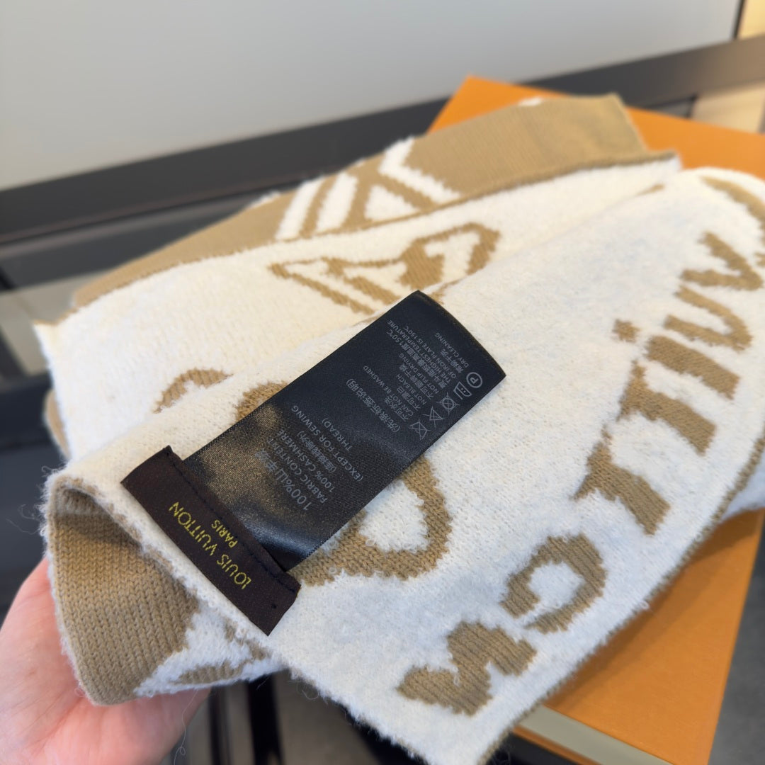 LV 25 Scarf 180cm Light Brown White Wool 293458