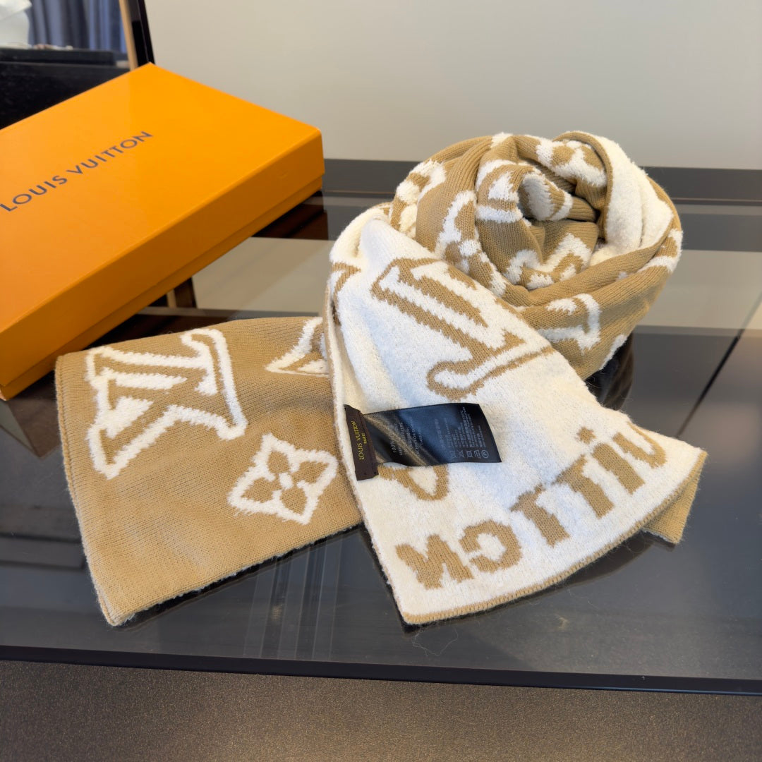 LV 25 Scarf 180cm Light Brown White Wool 293458