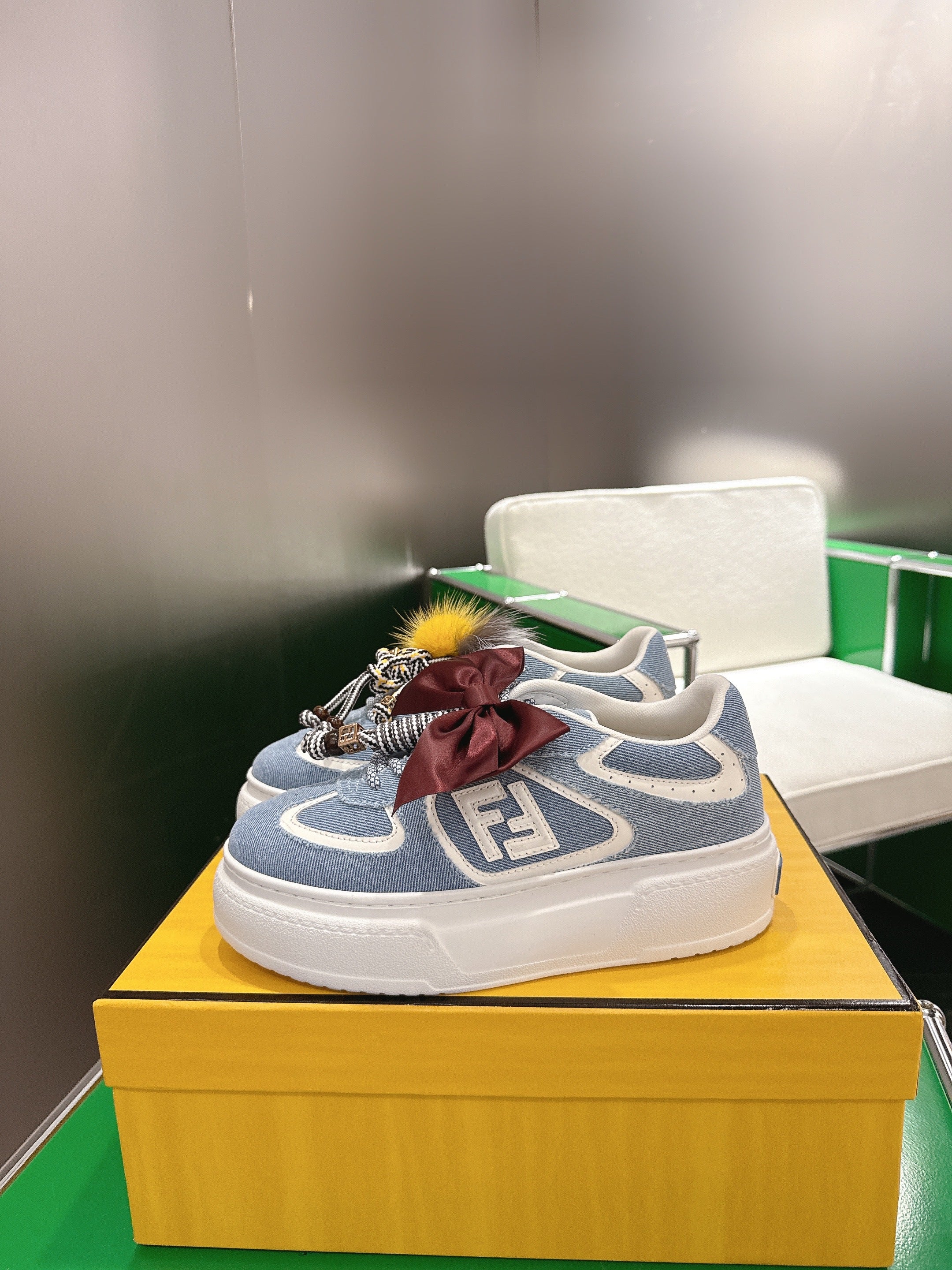 Fendi 2025 Match Platform Sneakers Blue White Denim Fabric 562577
