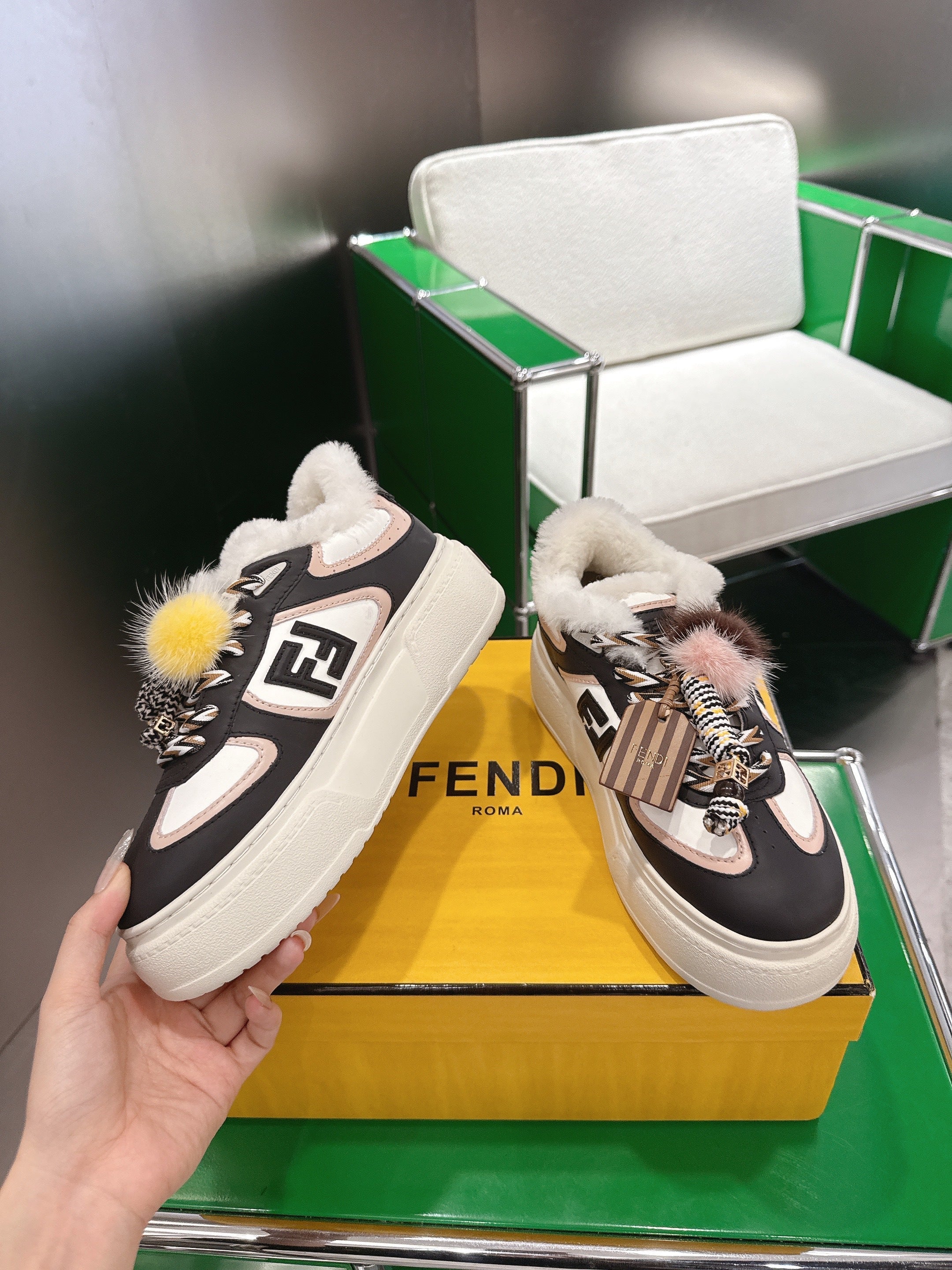 Fendi 2025 Match Platform Sneakers Black Leather Wool 562578