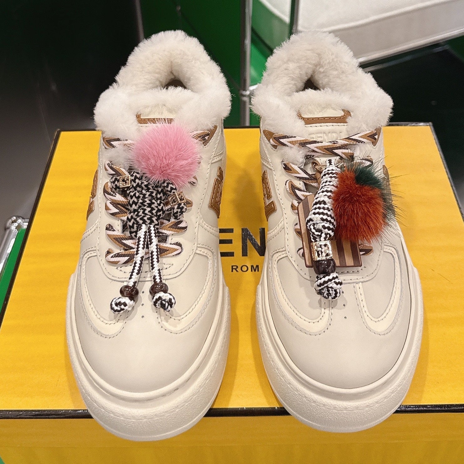 Fendi 2025 Match Platform Sneakers White mix Brown Leather Wool 562579