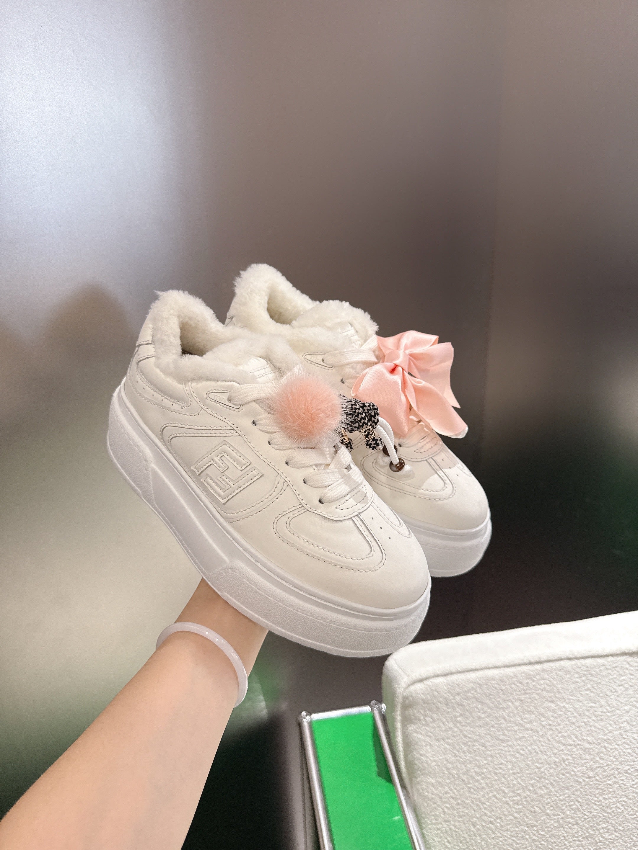 Fendi 2025 Match Platform Sneakers White Leather Wool 562581