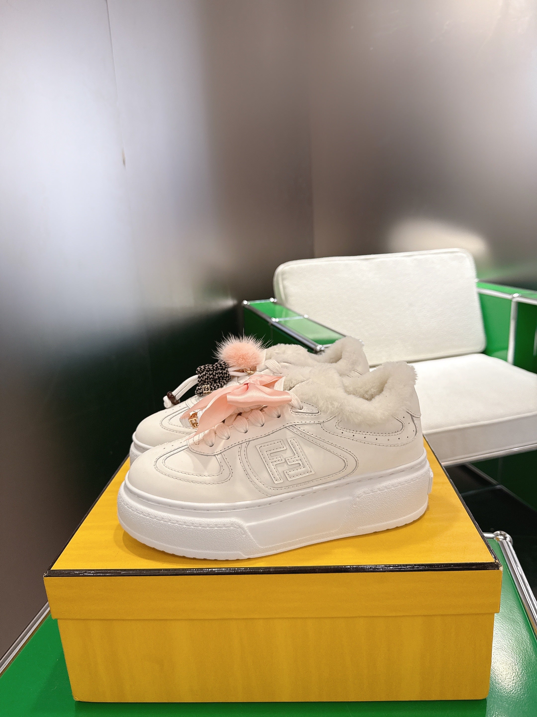 Fendi 2025 Match Platform Sneakers White Leather Wool 562581