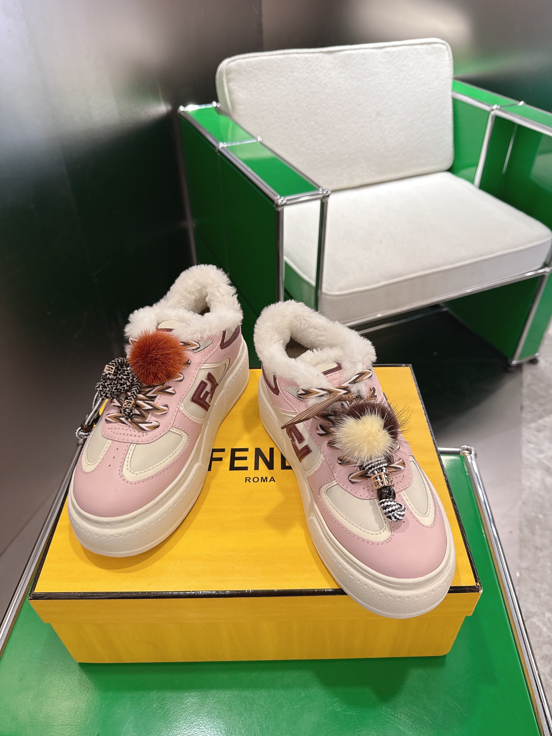 Fendi 2025 Match Platform Sneakers Pink White Leather Wool 562582