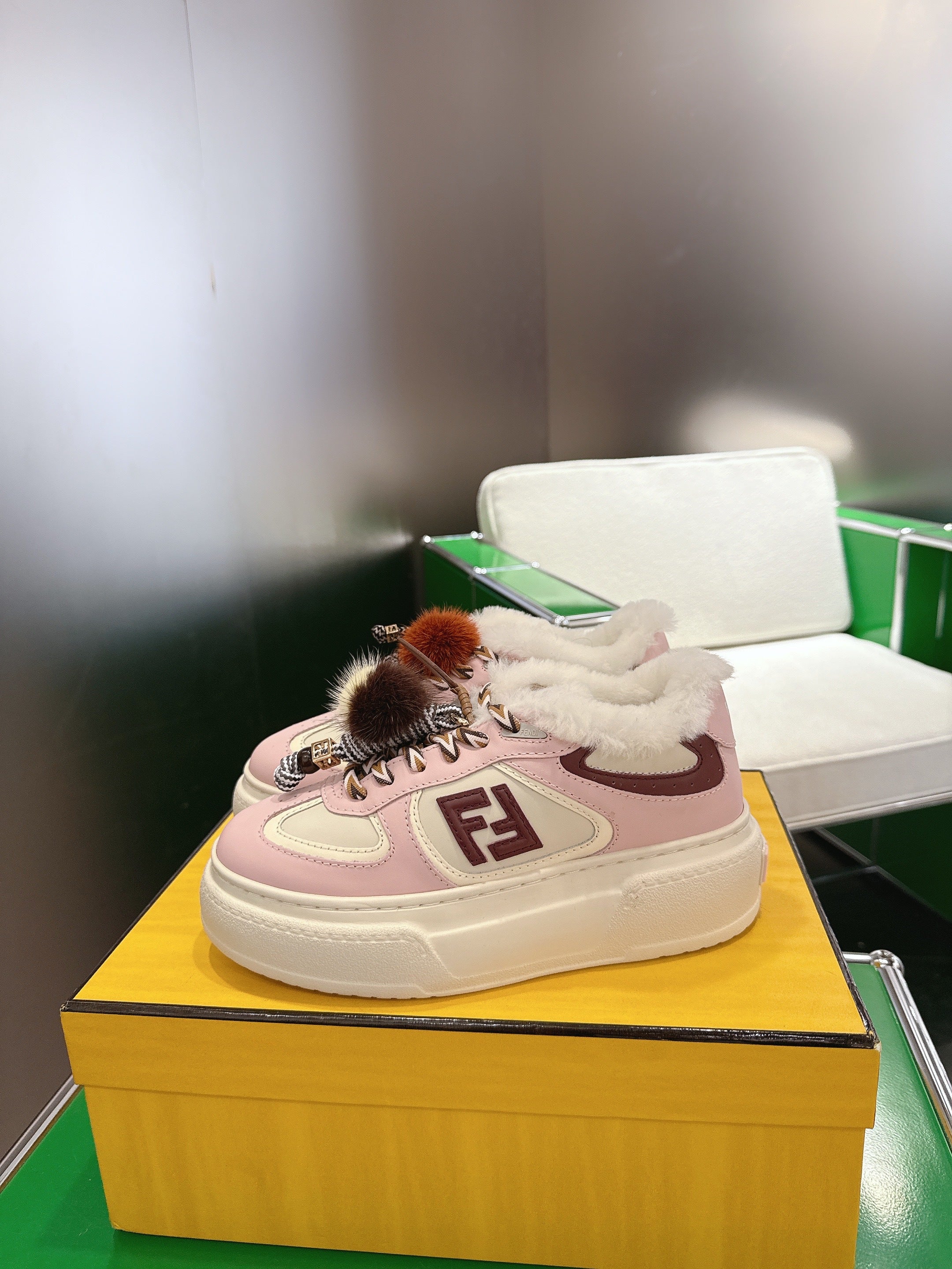 Fendi 2025 Match Platform Sneakers Pink White Leather Wool 562582