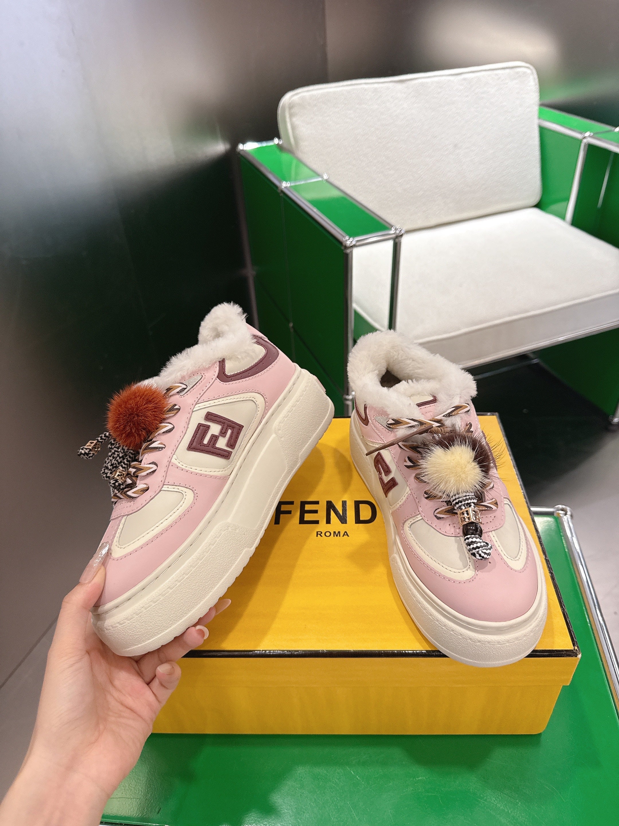 Fendi 2025 Match Platform Sneakers Pink White Leather Wool 562582
