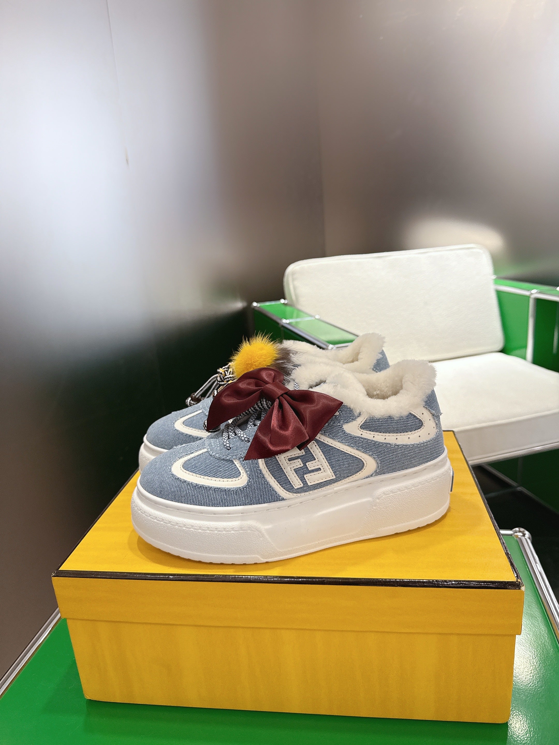 Fendi 2025 Match Platform Sneakers Blue White Denim Fabric Wool 562583