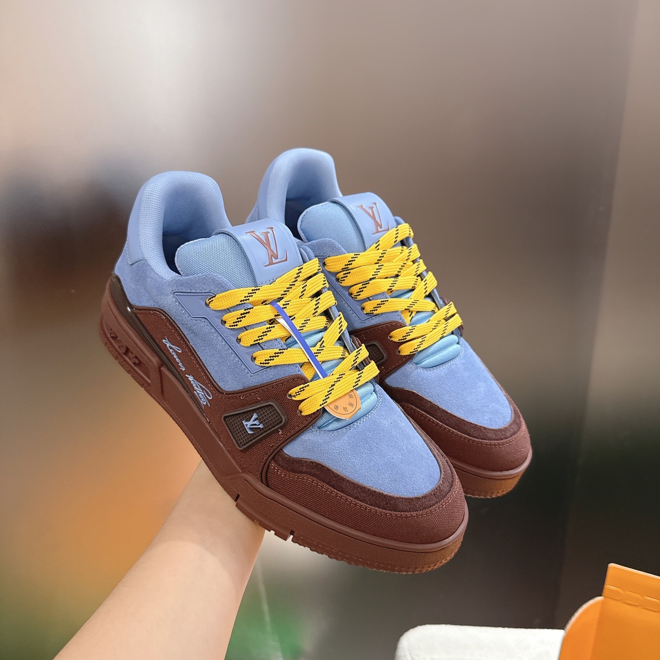 LV 26ss Trainer Sneakers Blue Brown Suede Canvas 632149