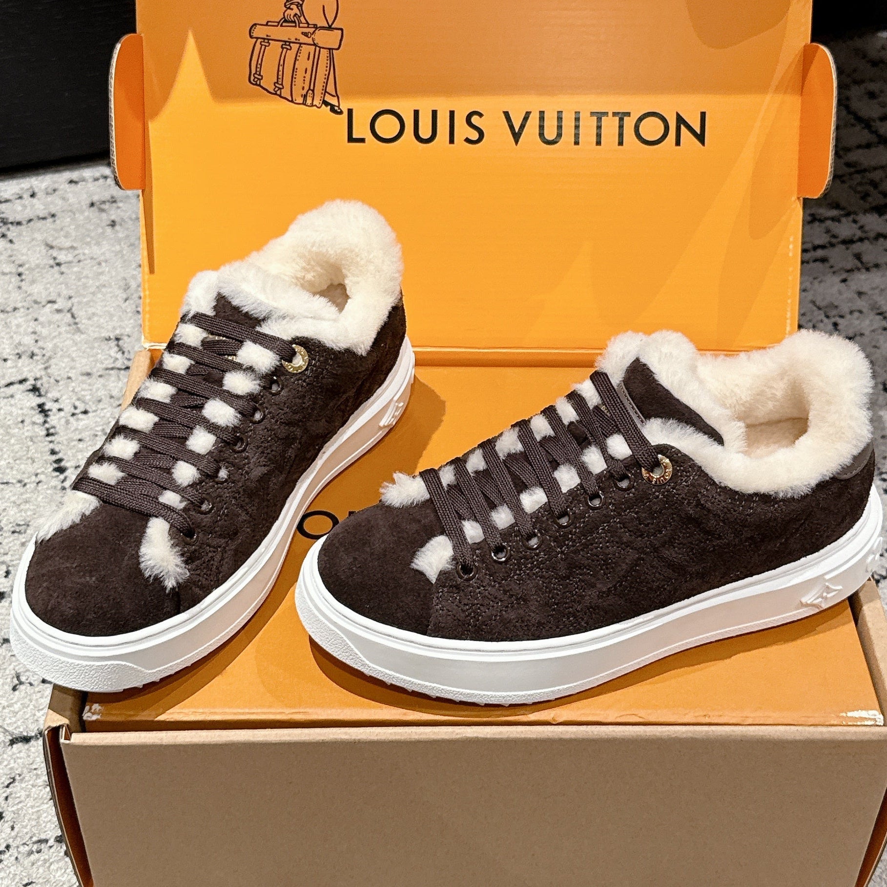 LV 2026 Time Out Sneaker Brown White Suede Wool 595292