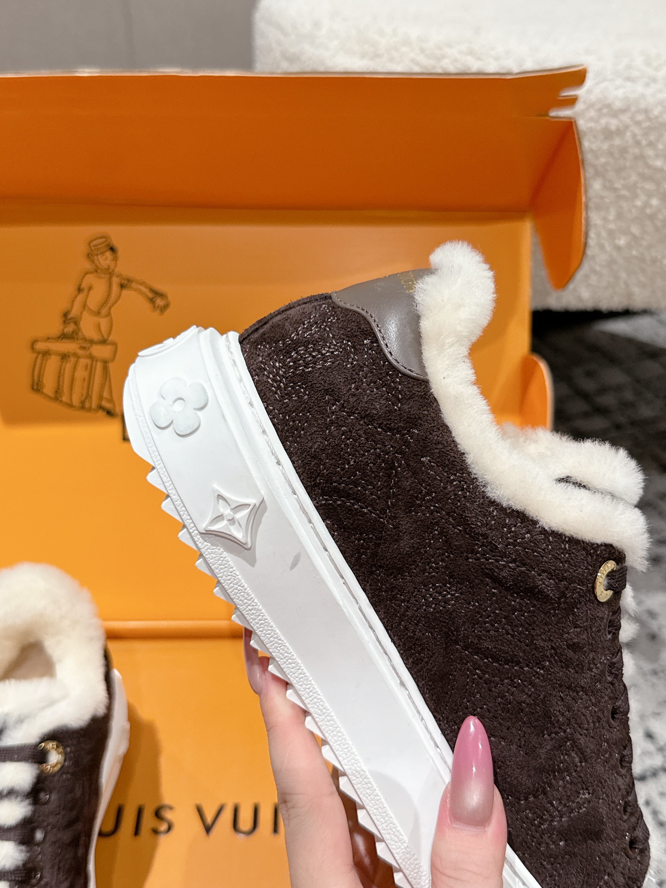 LV 2026 Time Out Sneaker Brown White Suede Wool 595292