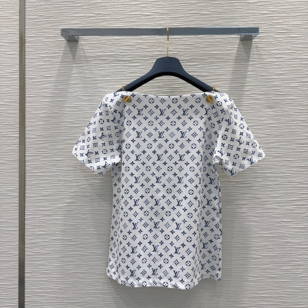 LV 25 Simple T-Shirt White Blue Cotton