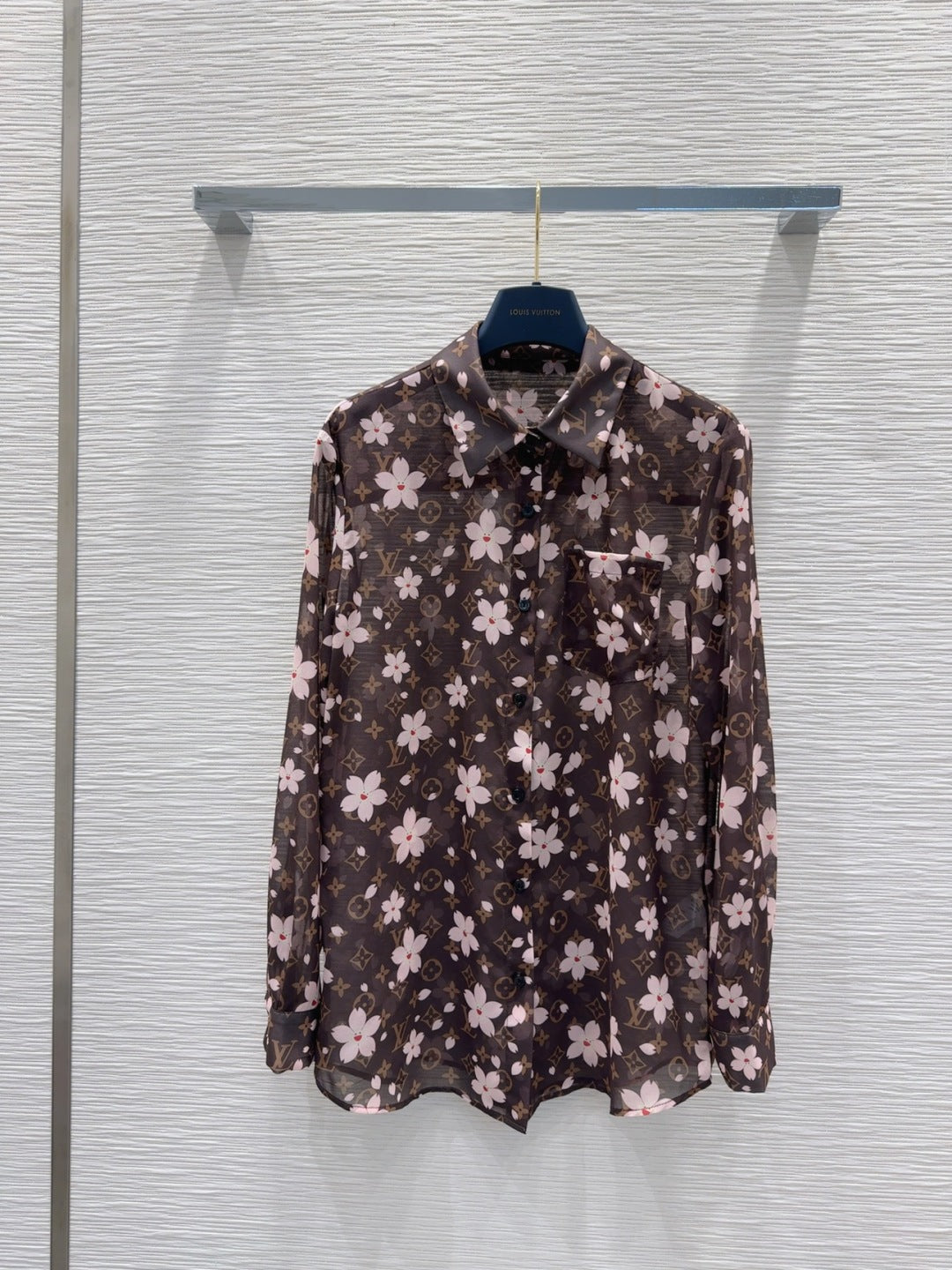 LV 25 Slightly Transparent Flower Shirt Brown Polyester