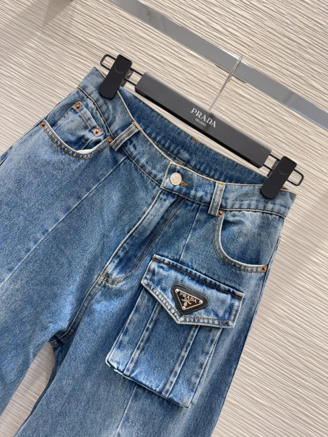 Prada 2025 Denim Cargo Pants Blue Cotton