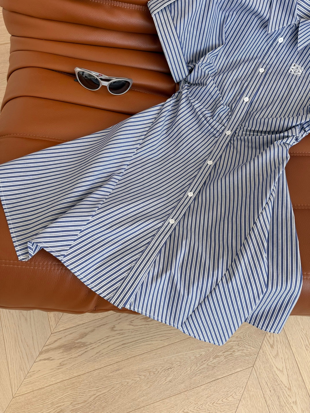 Loewe 25 Pleated Striped Dress Blue White Cotton