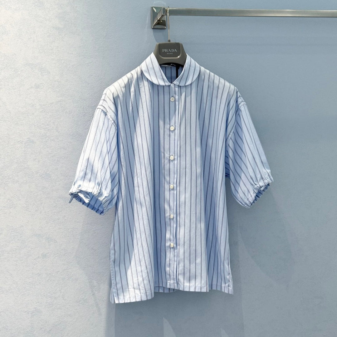 Prada 25 Striped Short-sleeved Collared Shirt Blue Cotton